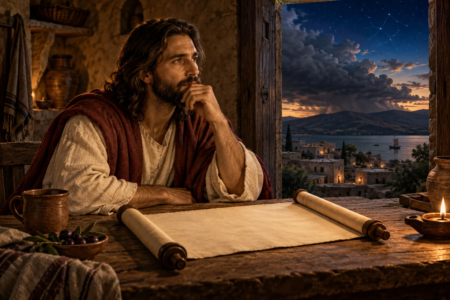 Jesus sits beside a blank scroll and looks toward a Galilean village, a distant storm, and an ordered night sky.