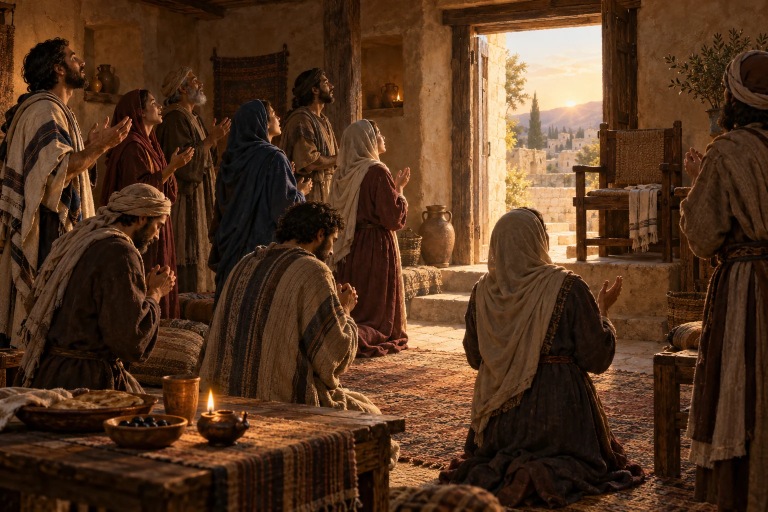 A first-century Jewish-Christian assembly prays together in a lamp-lit home as dawn streams through an open doorway.