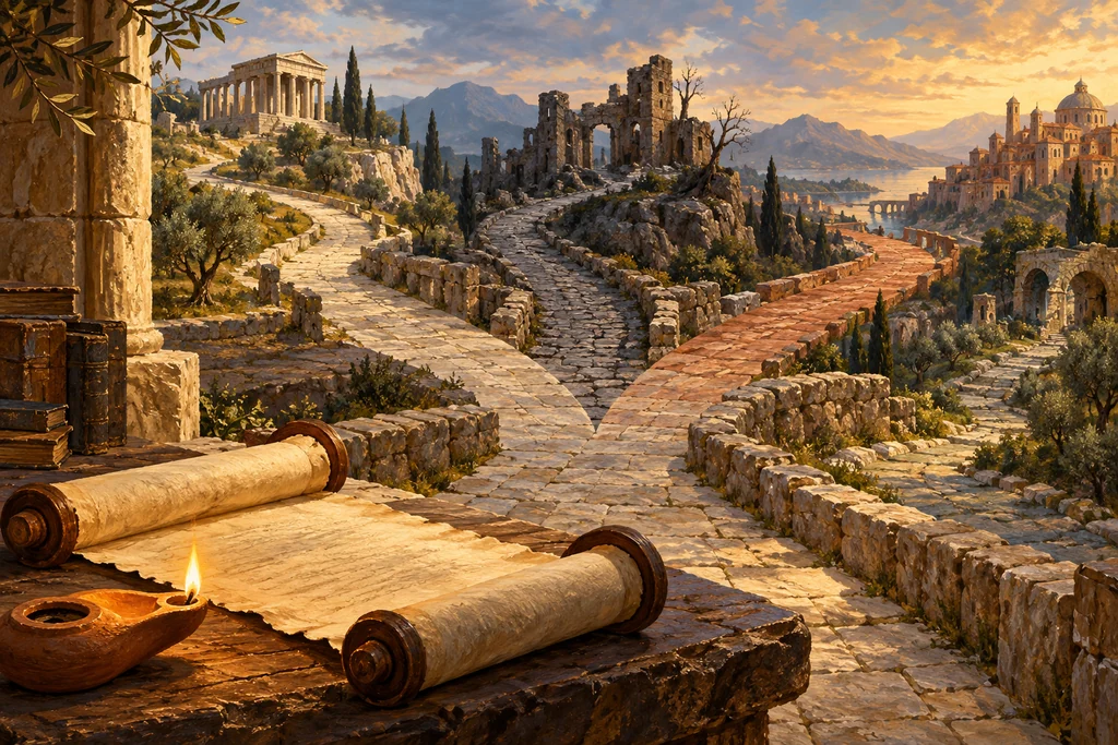 Several stone paths diverge beyond a parchment scroll and a clay lamp in a rocky landscape.