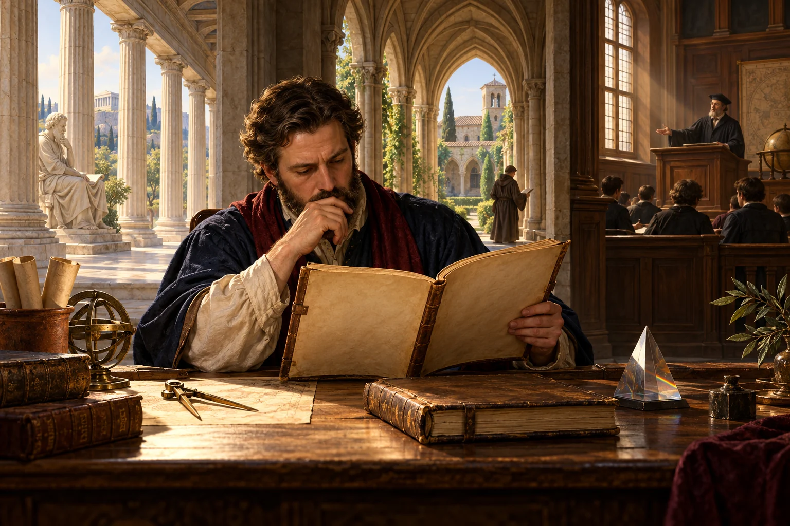 A scholar reads a blank codex between a Greek colonnade, medieval cloister, and early modern lecture hall.