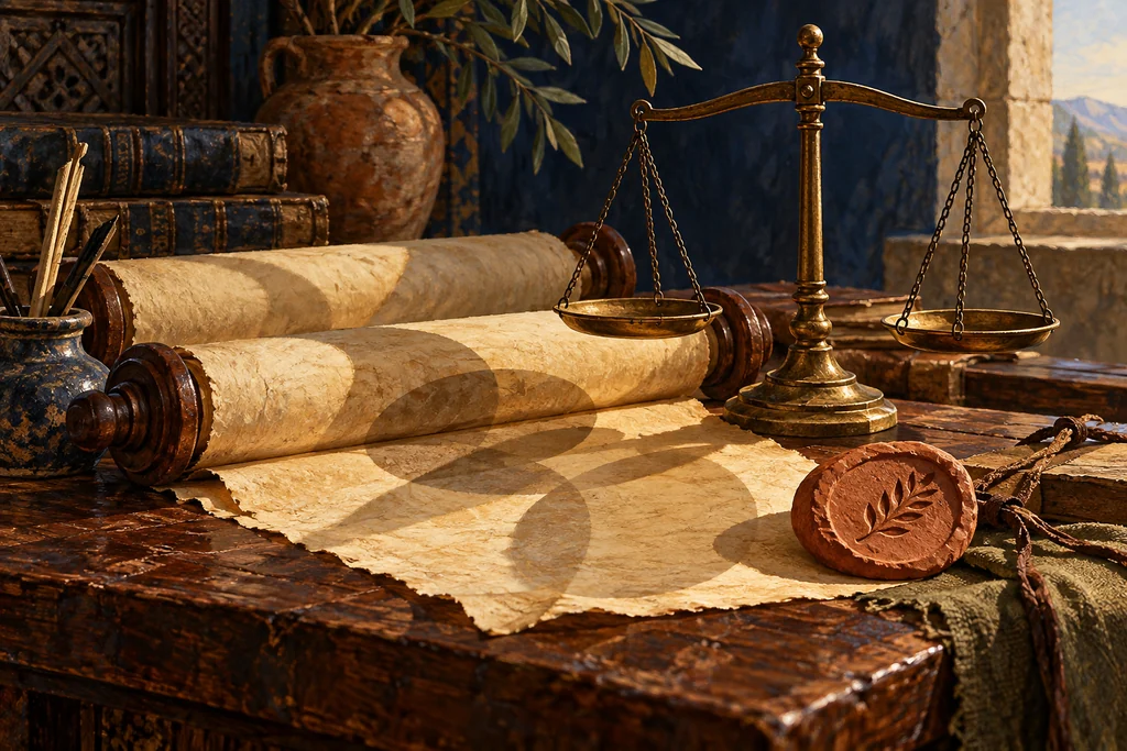 Scrolls, a clay seal, and a bronze balance lie neatly arranged on a scholar’s table.