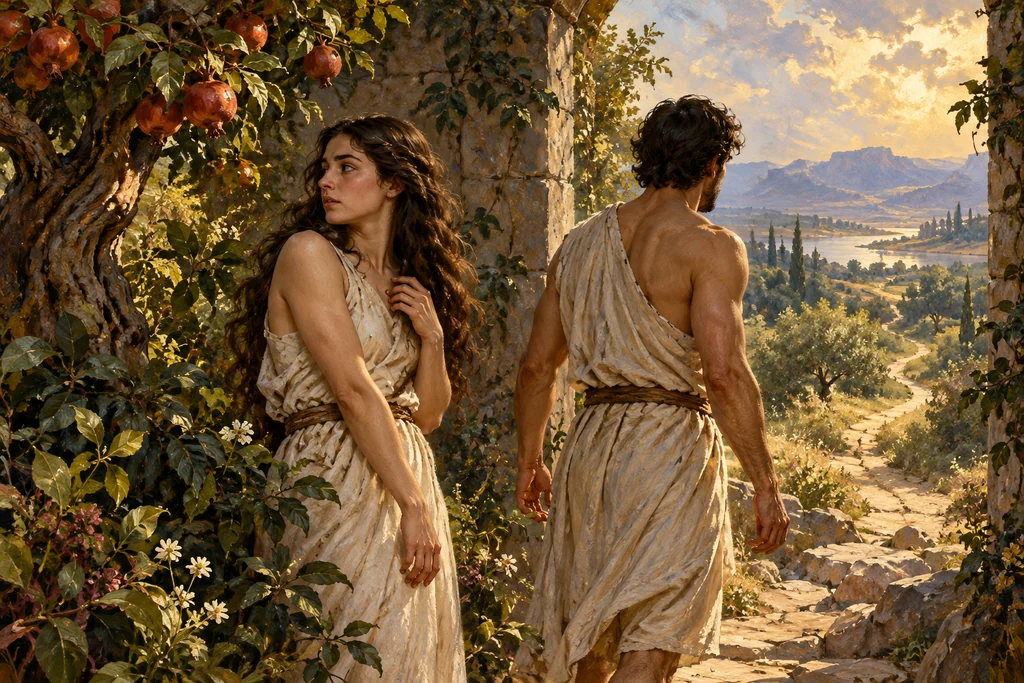 Two figures stand at a garden threshold between a fruit tree and an uncertain path.