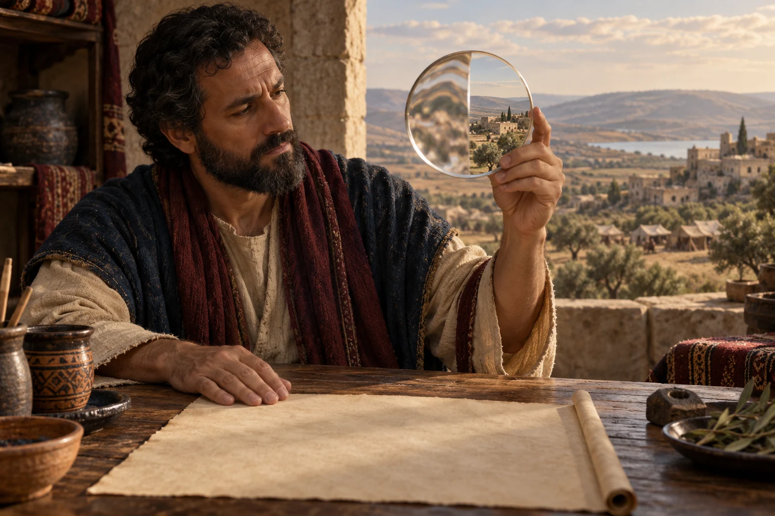 A scholar compares distorted and clear views of an ancient biblical landscape through a glass lens beside a blank manuscript.