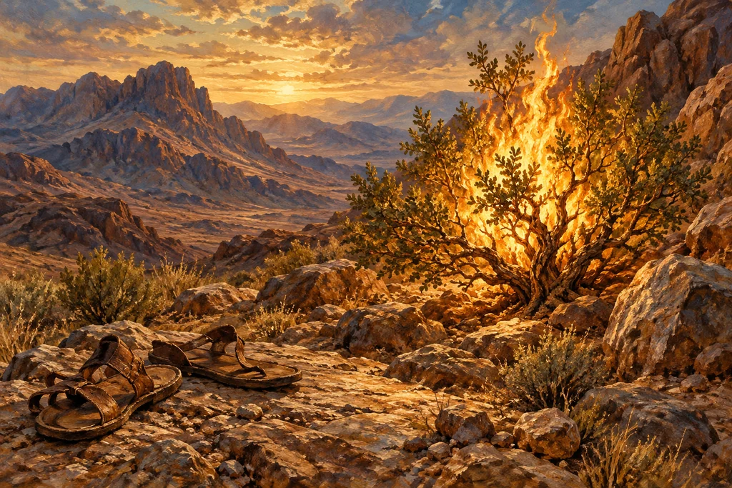 A flame-lit desert bush stands above worn sandals on rocky ground beneath distant hills.
