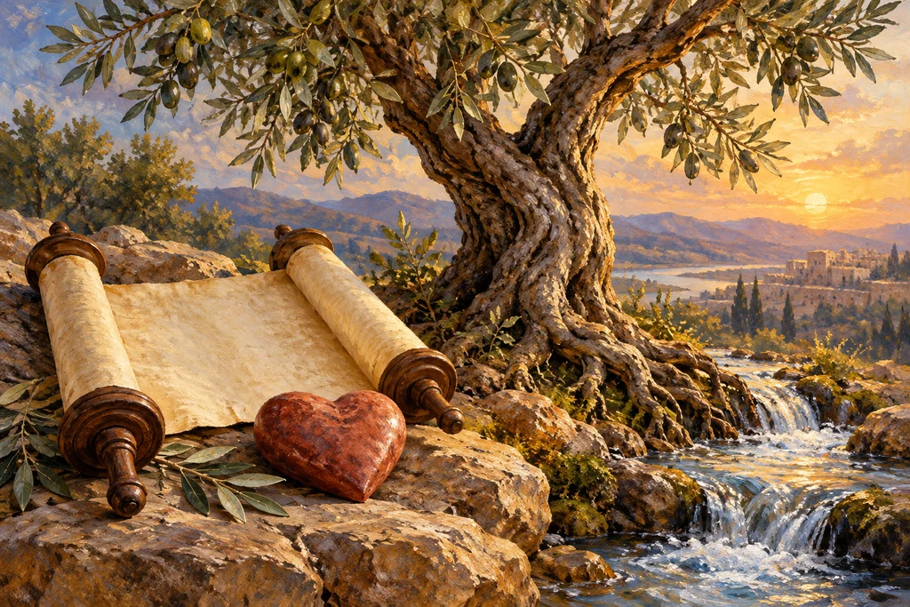 An olive tree grows beside an open scroll and a smooth red stone near a clear stream.