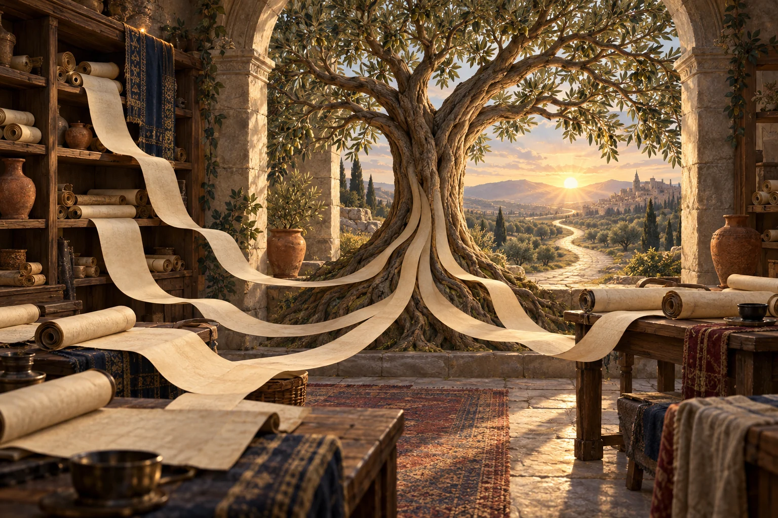 Blank scrolls converge like roots into an olive tree whose branches frame a road leading toward the dawn.