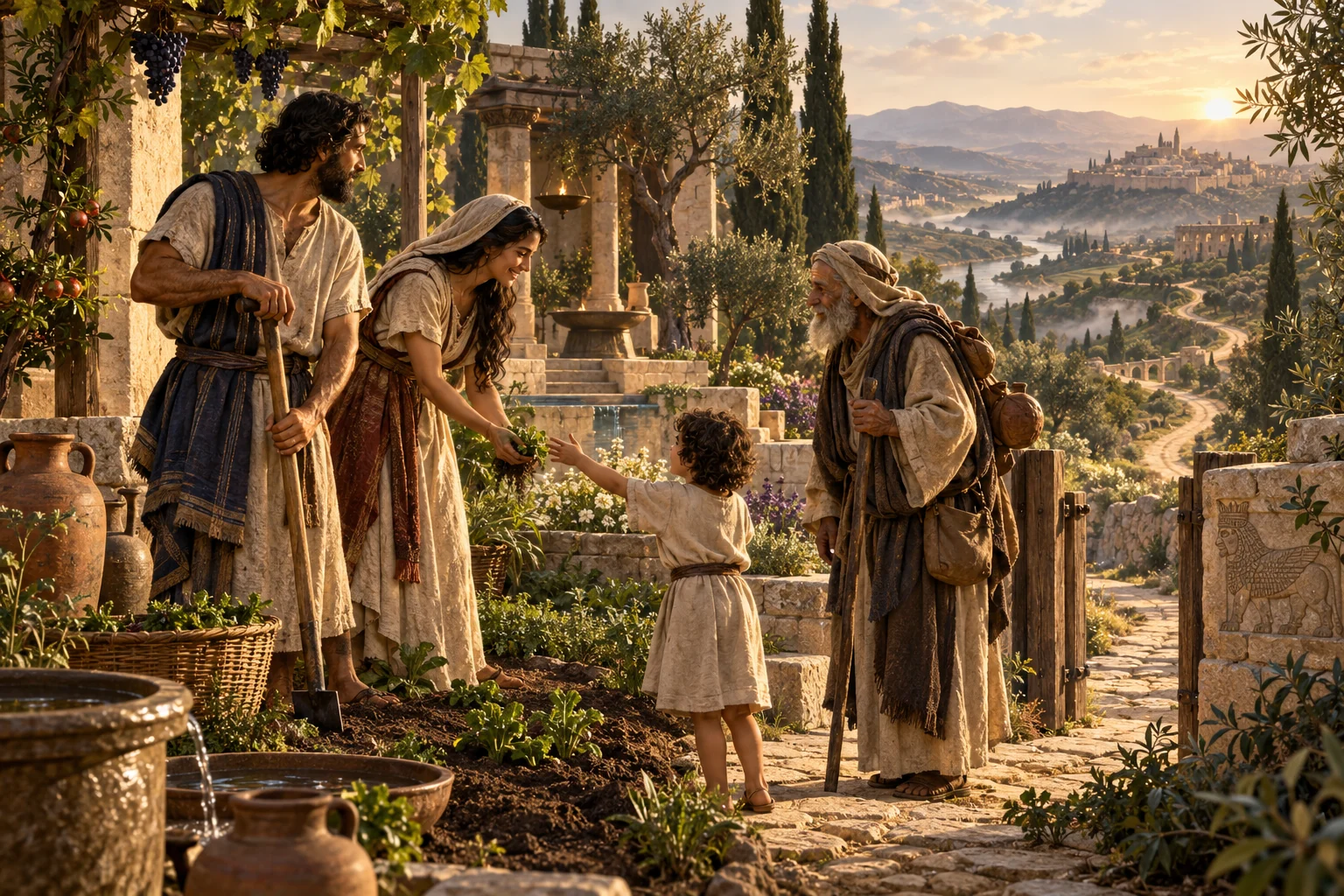 A man and woman cultivate a garden sanctuary while welcoming a child and an elderly traveler beside a road at dawn.