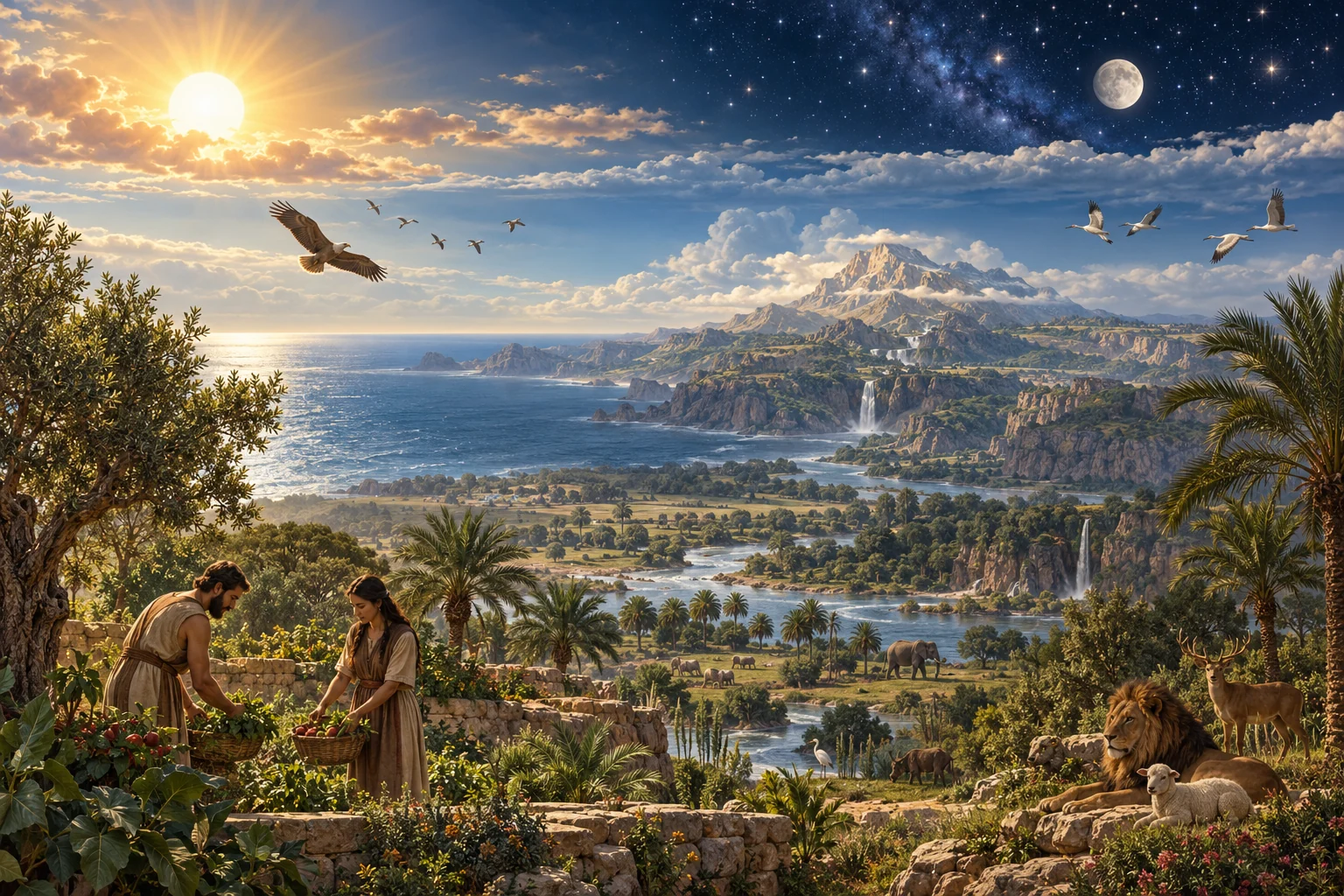 A man and woman cultivate a garden within an ordered landscape of sea, sky, celestial lights, animals, rivers, and mountains.