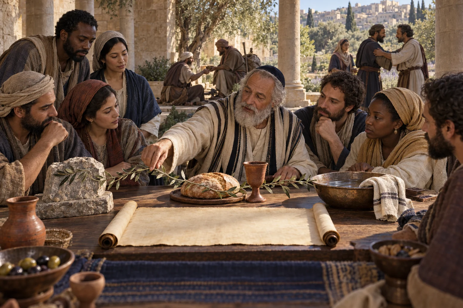 A diverse community studies around a table with bread, a cup, an olive branch, and a basin for service.