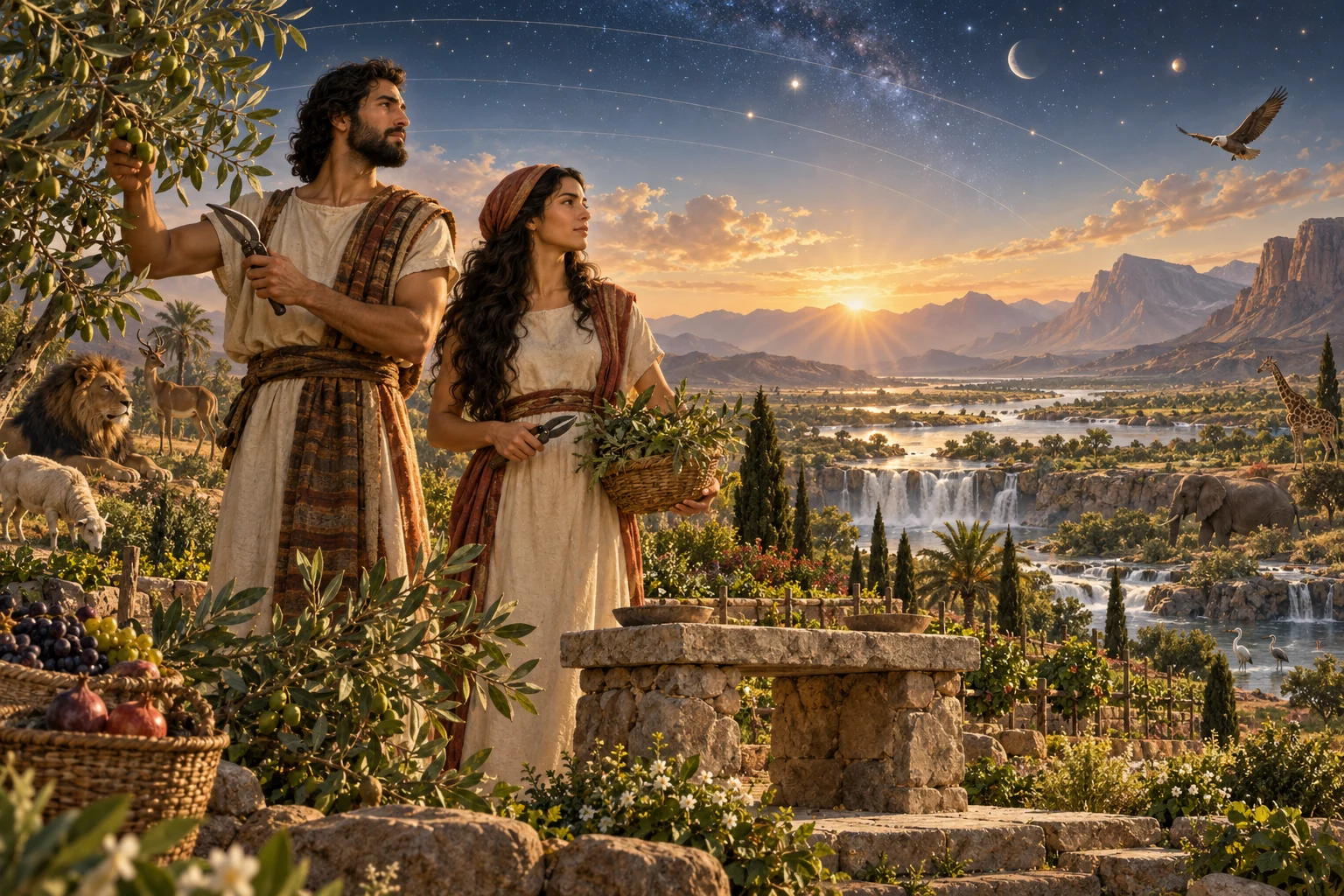 A man and woman tend a garden ridge overlooking rivers, animals, mountains, and an ordered night sky at dawn.