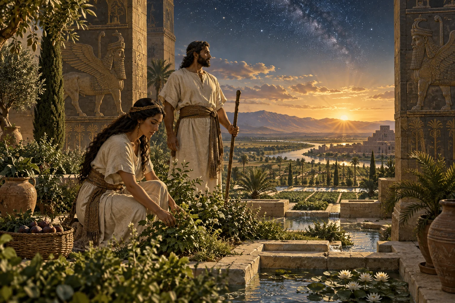 An ancient man and woman tend a garden sanctuary overlooking a river valley beneath stars and a rising sun.