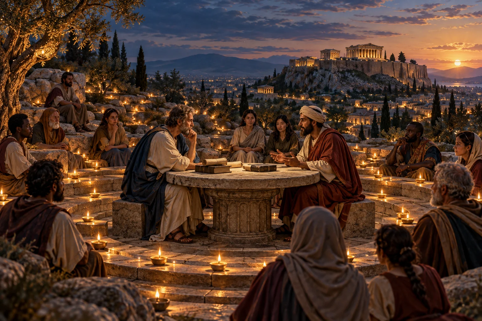 Two scholars converse at a lamp-lit stone table while a diverse circle listens on an Athenian hillside at dusk.