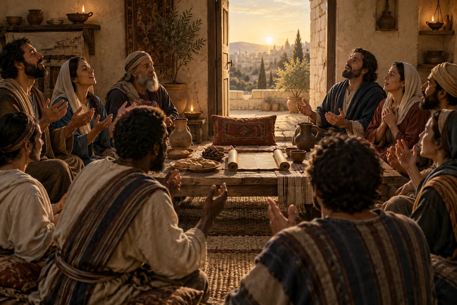 Jewish and Gentile believers pray around a table with bread, cup, blank scroll, and an empty place lit by dawn.