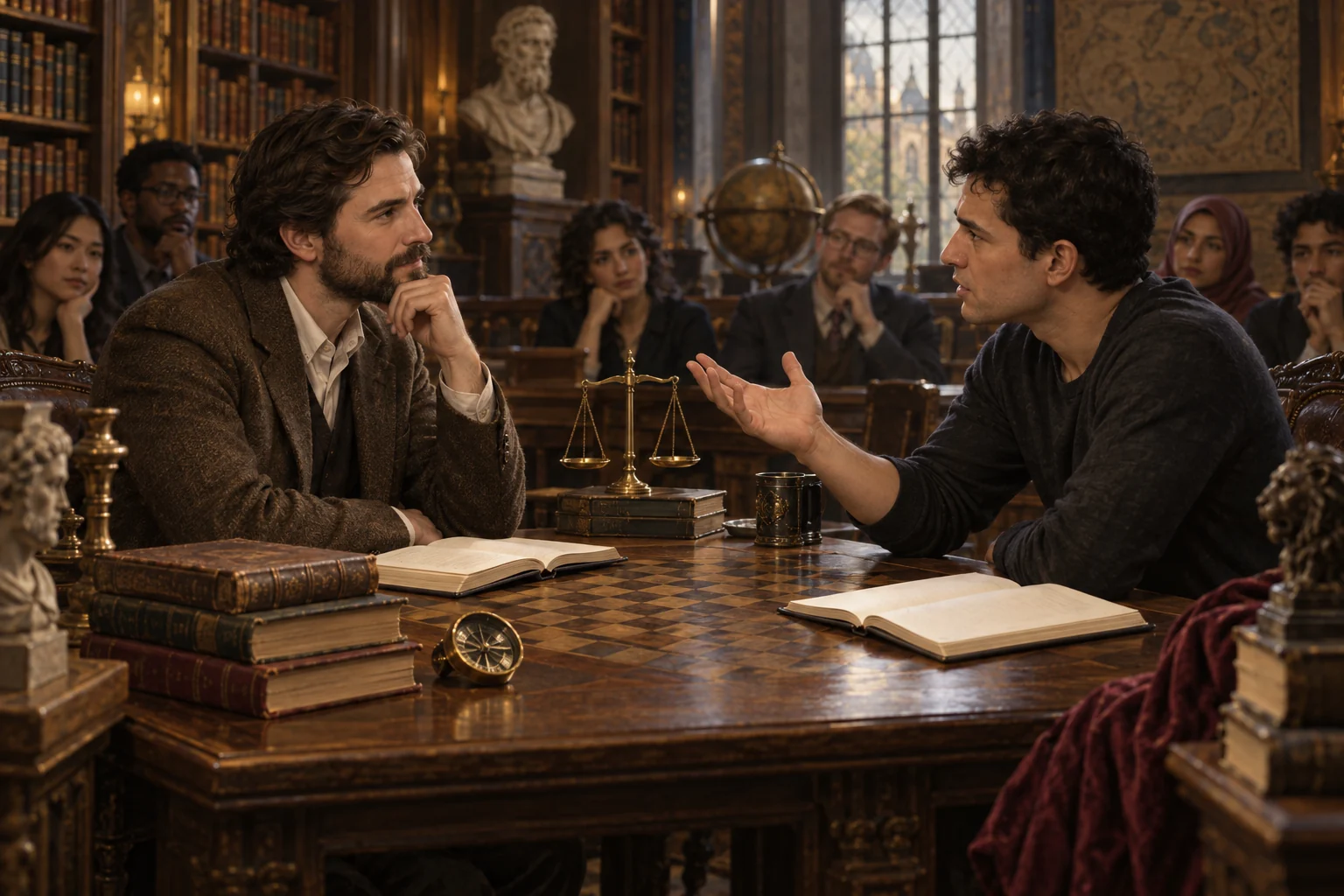Two men discuss competing ideas across a library table while a diverse group listens in the background.