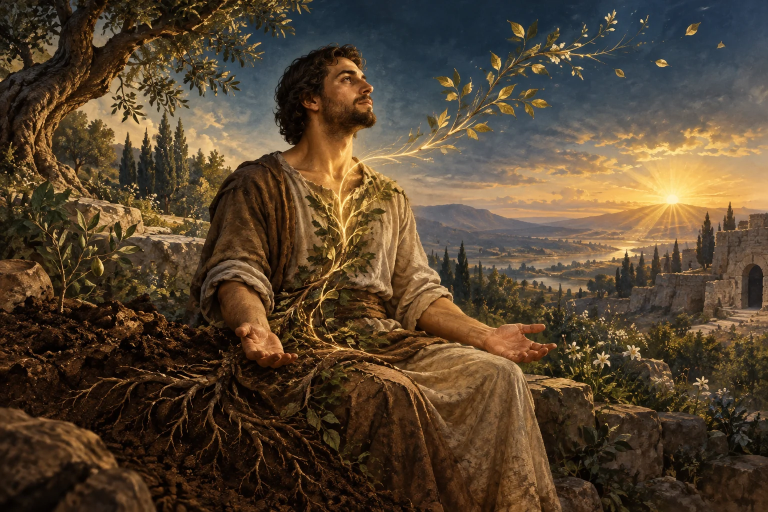 A seated man rises organically from earth and roots as living branches reach toward the dawn.
