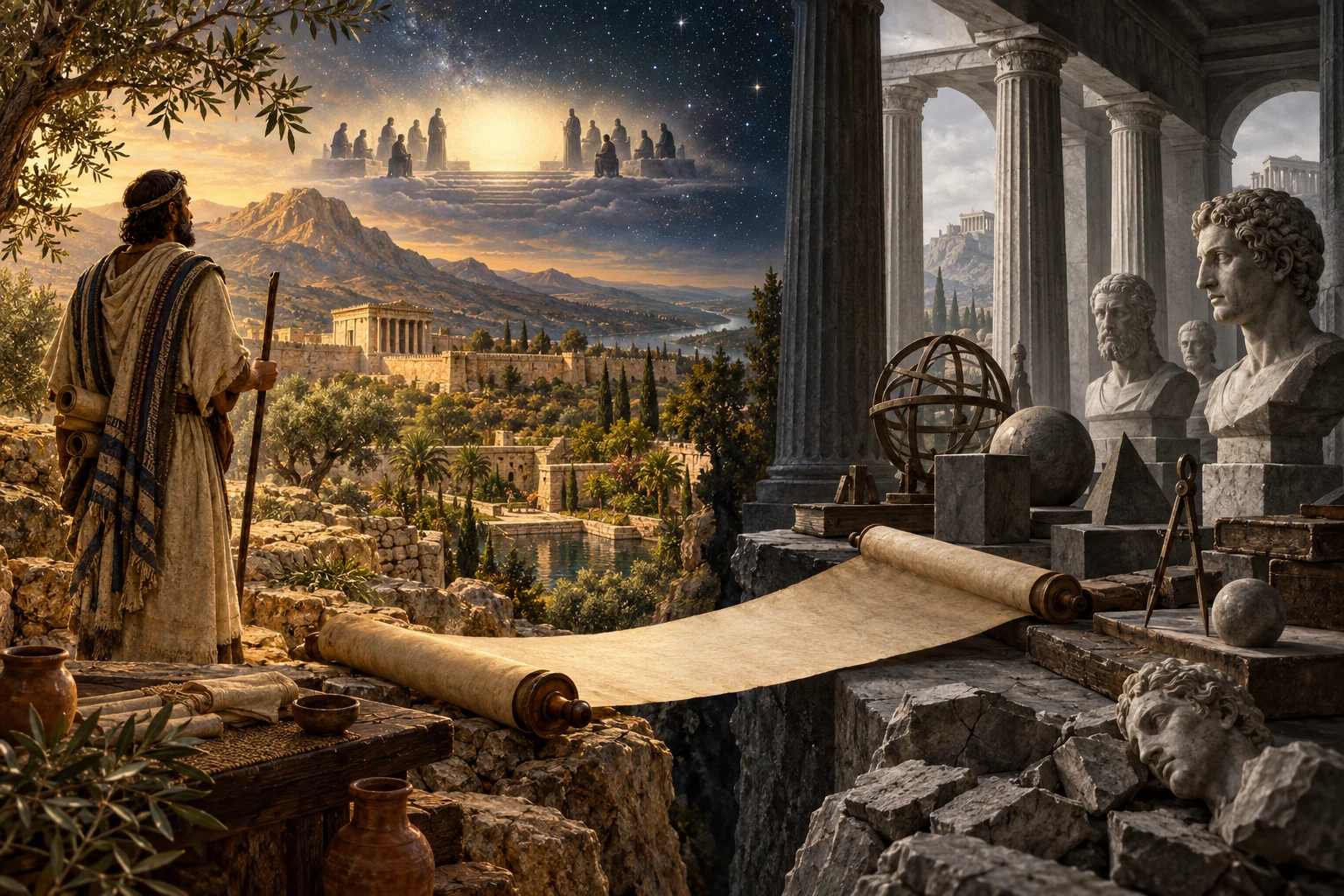 A blank scroll bridges an integrated sacred landscape and an austere Greco-Roman hall of geometric instruments and stone busts.