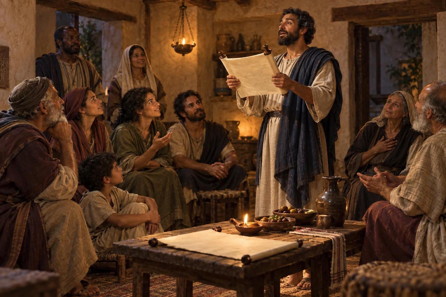 A standing reader proclaims from a blank scroll as a first-century house assembly listens and responds together.