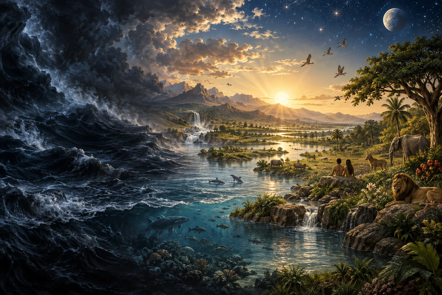 Dark waters give way to an ordered landscape of rivers, plants, animals, birds, and humanity beneath sun and moon.