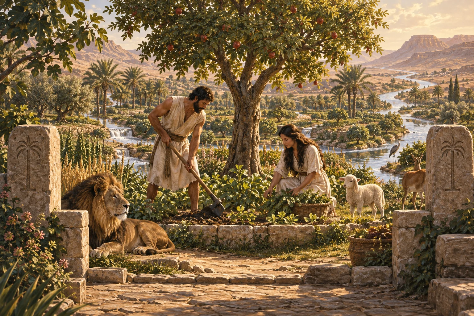 An ancient man and woman cultivate a river-fed garden among peaceful animals, fruit trees, and stone boundary markers.