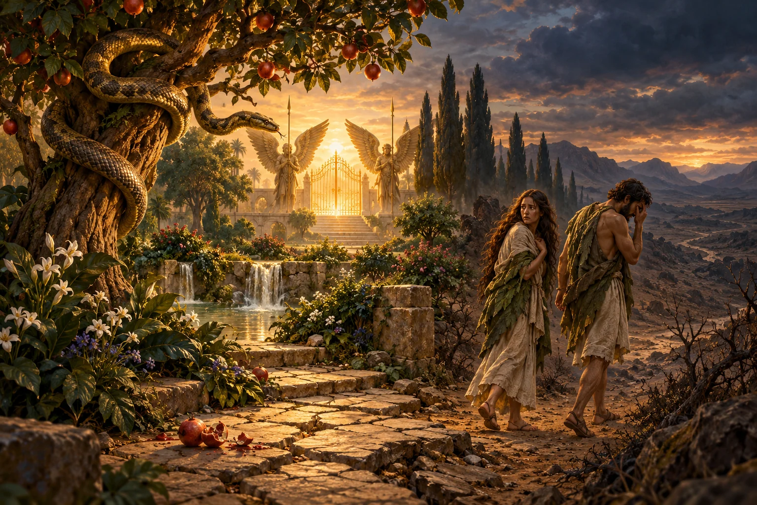 Adam and Eve leave the sacred garden as a serpent coils in the fruit tree beside a guarded gateway.