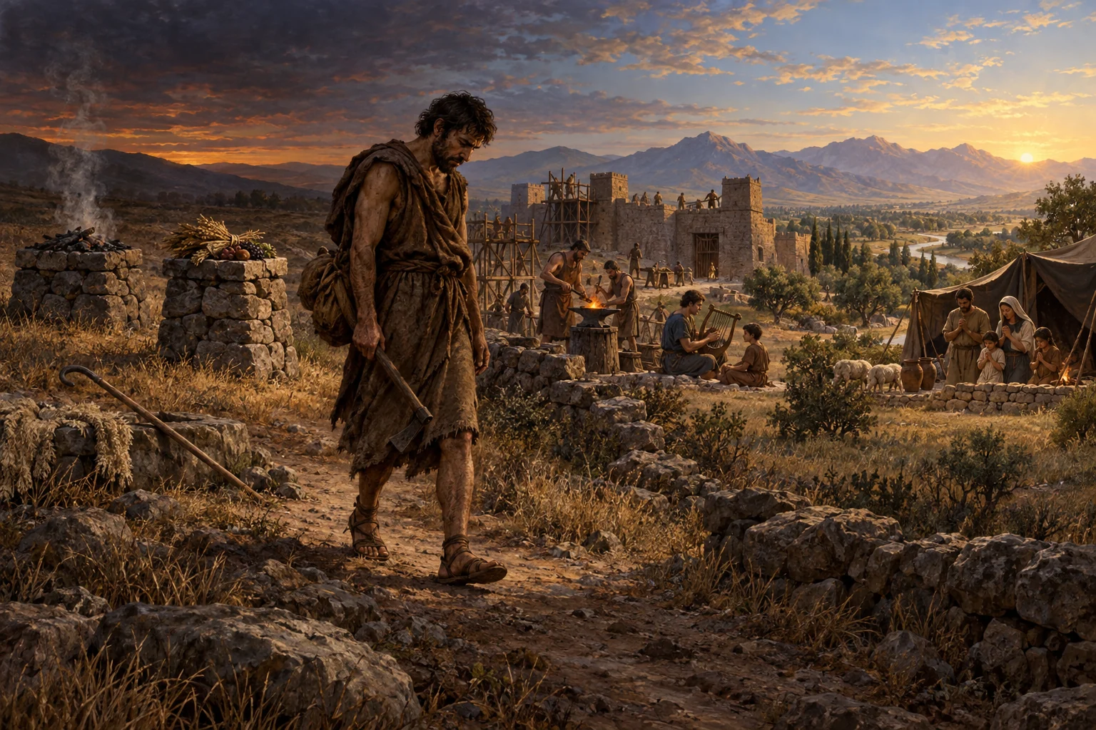 Cain walks east past abandoned altars as a settlement rises and a family prays among distant tents.