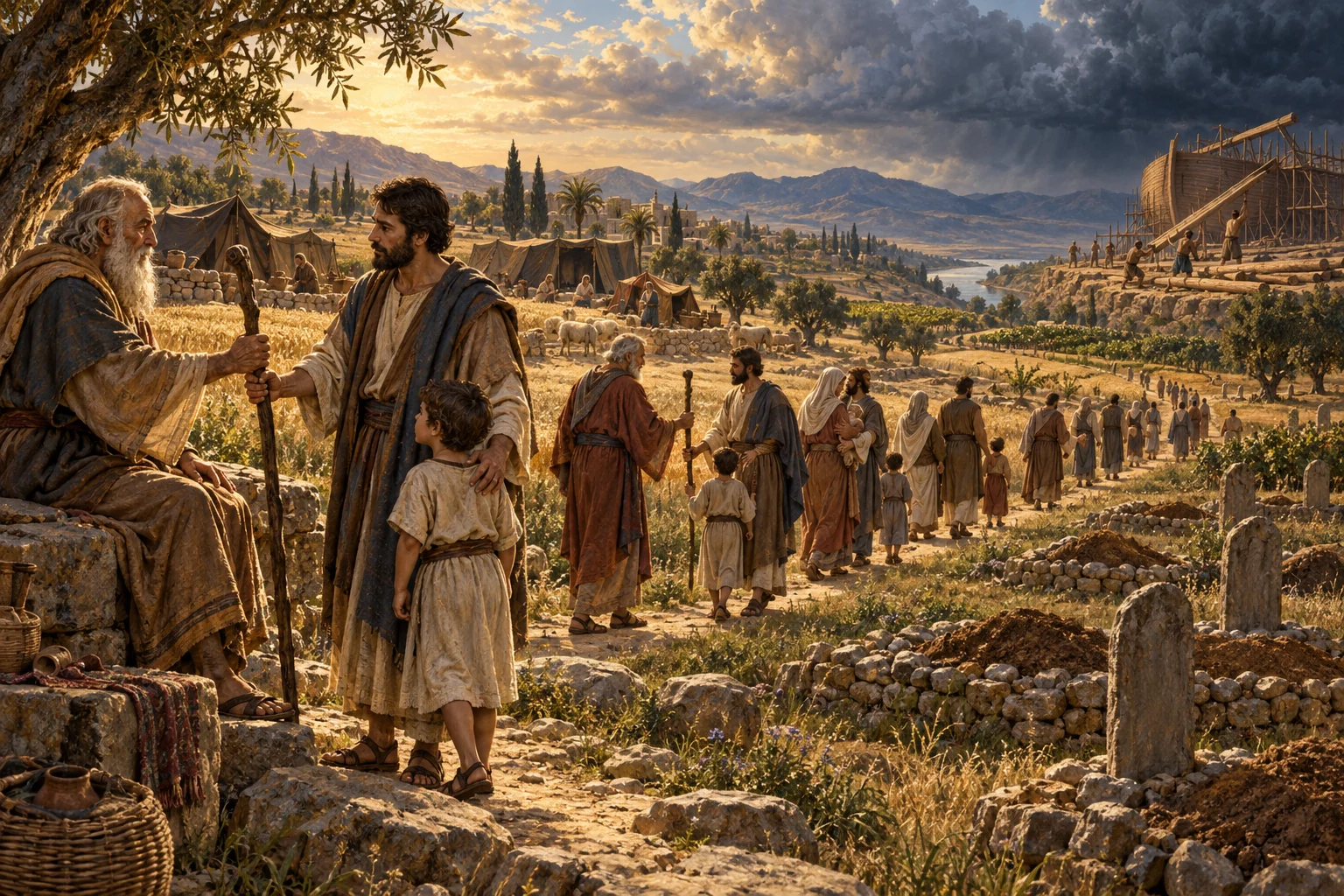Ancient generations pass a staff from father to son while Noah's household builds the ark in the distance.