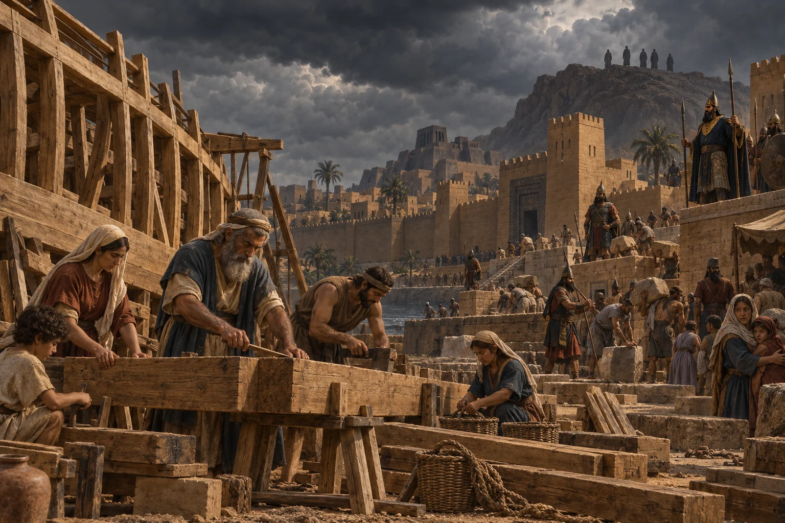 Noah's household shapes timber beside an ancient city ruled by armed elites beneath a gathering storm.