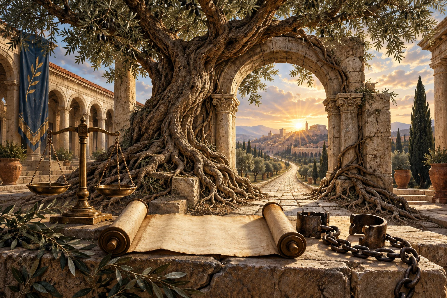 An olive tree roots through a judicial arch beside balanced scales, a blank scroll, broken shackles, and a road to dawn.