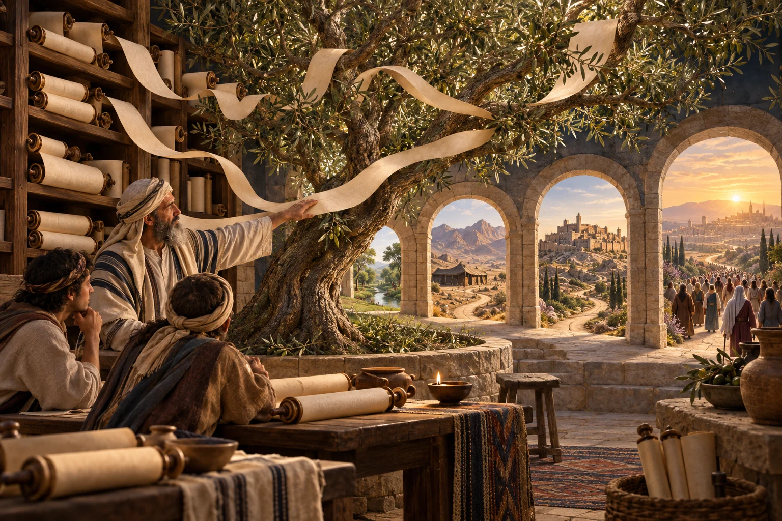 Blank scrolls flow through an olive tree as a teacher and students view a road passing through successive covenant landscapes.