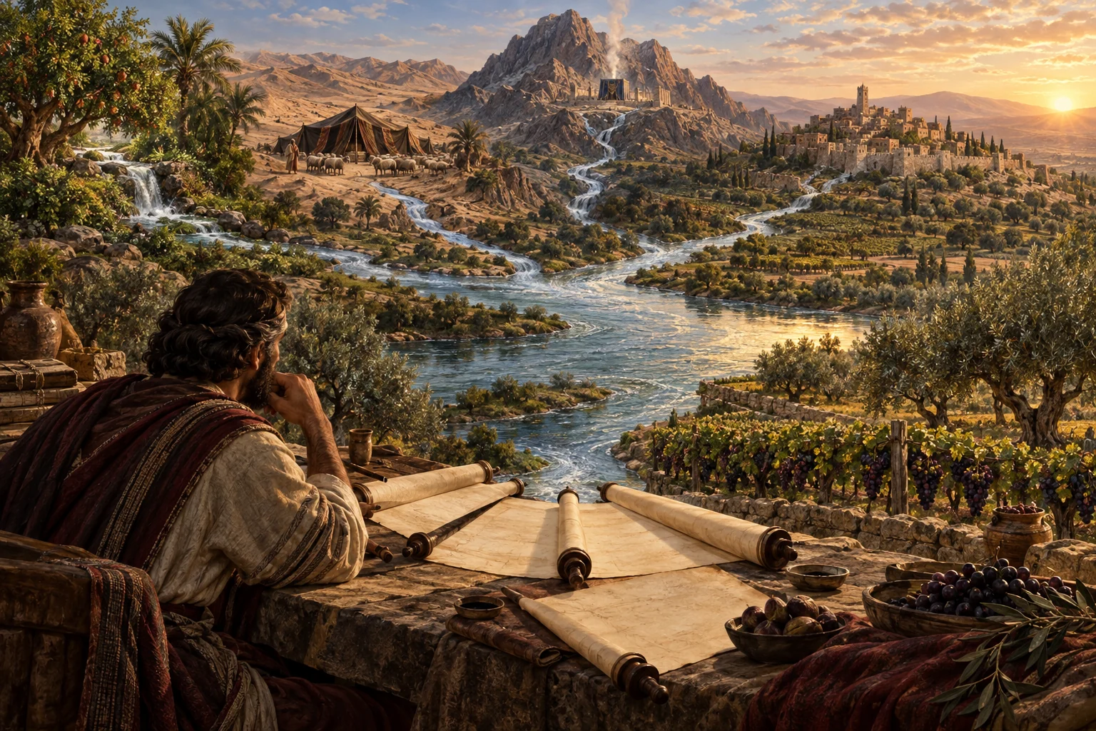 Covenant landscapes follow braided rivers toward a flourishing vineyard while a scholar studies blank scrolls in the foreground.