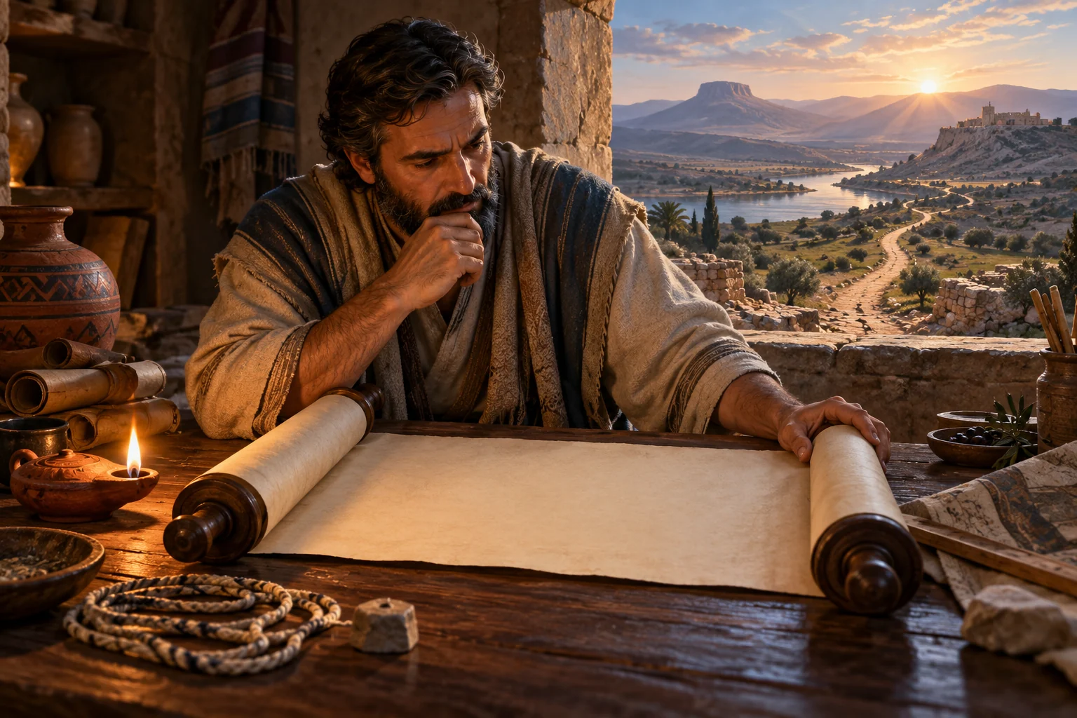 An ancient scholar studies a blank scroll beside a lamp while a winding path crosses the landscape beyond.