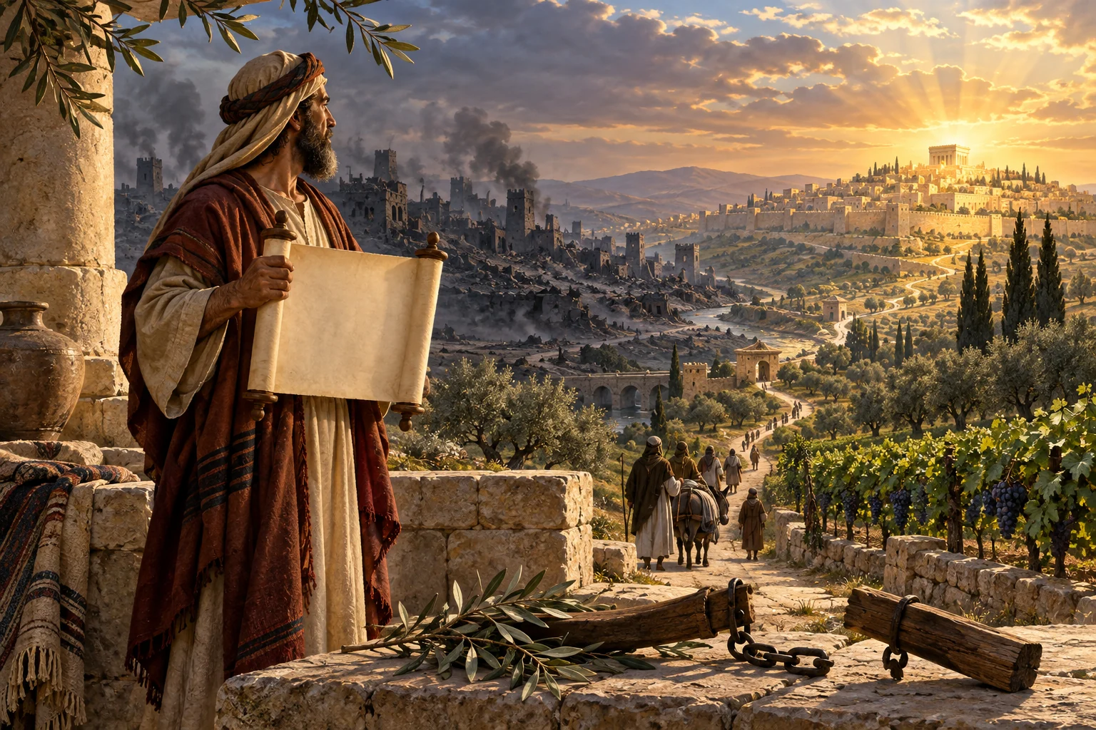 An ancient Judean prophet holds a blank scroll above a road leading from a ruined city toward vineyards and a sunlit hill.