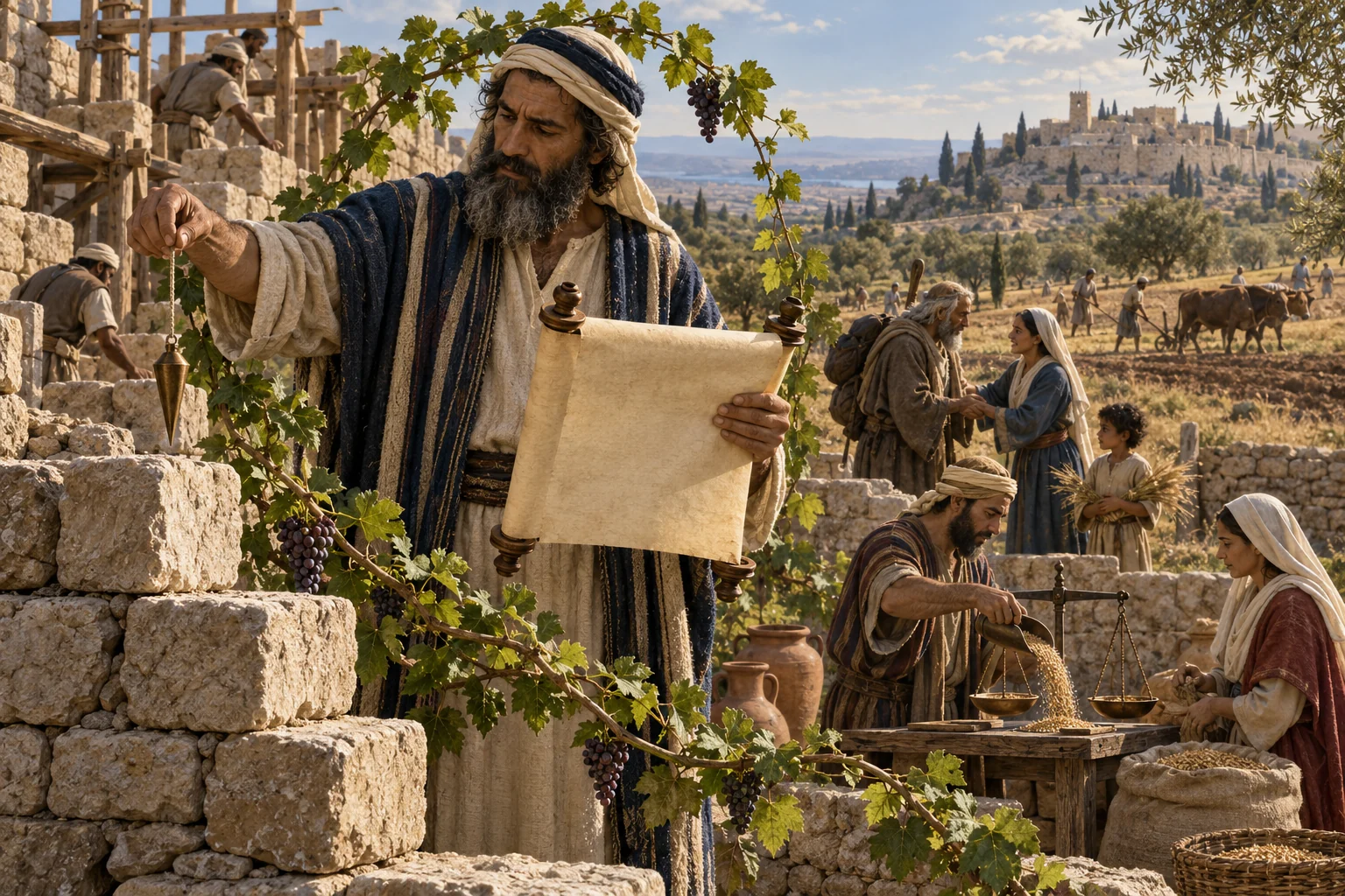 An ancient scribe holds a blank scroll and plumb line while a community rebuilds walls, weighs grain, and tends fields.