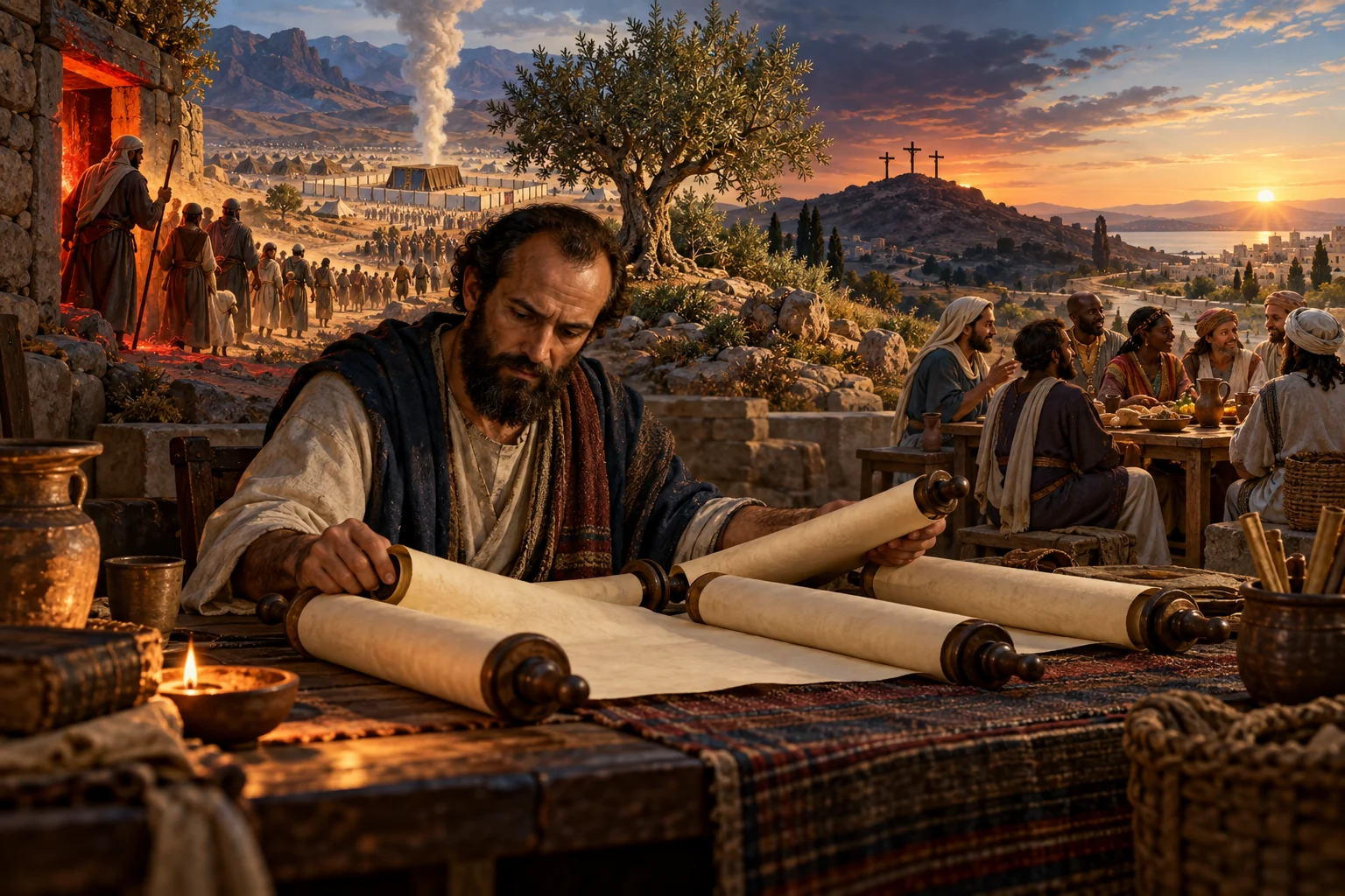 A Jewish teacher studies blank scrolls before scenes of Exodus, an olive tree, three distant crosses, and shared table fellowship.