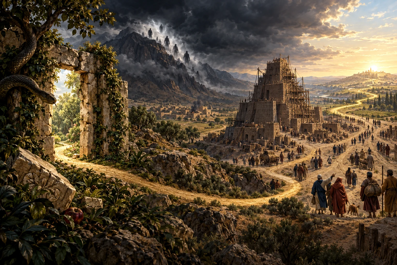 A serpent-shadowed garden, descending figures, and an unfinished tower are linked by a golden road toward a bright horizon.