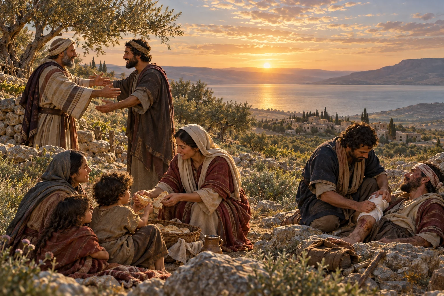 People on a Galilean hillside share bread, reconcile neighbors, and tend an injured traveler beneath the morning light.