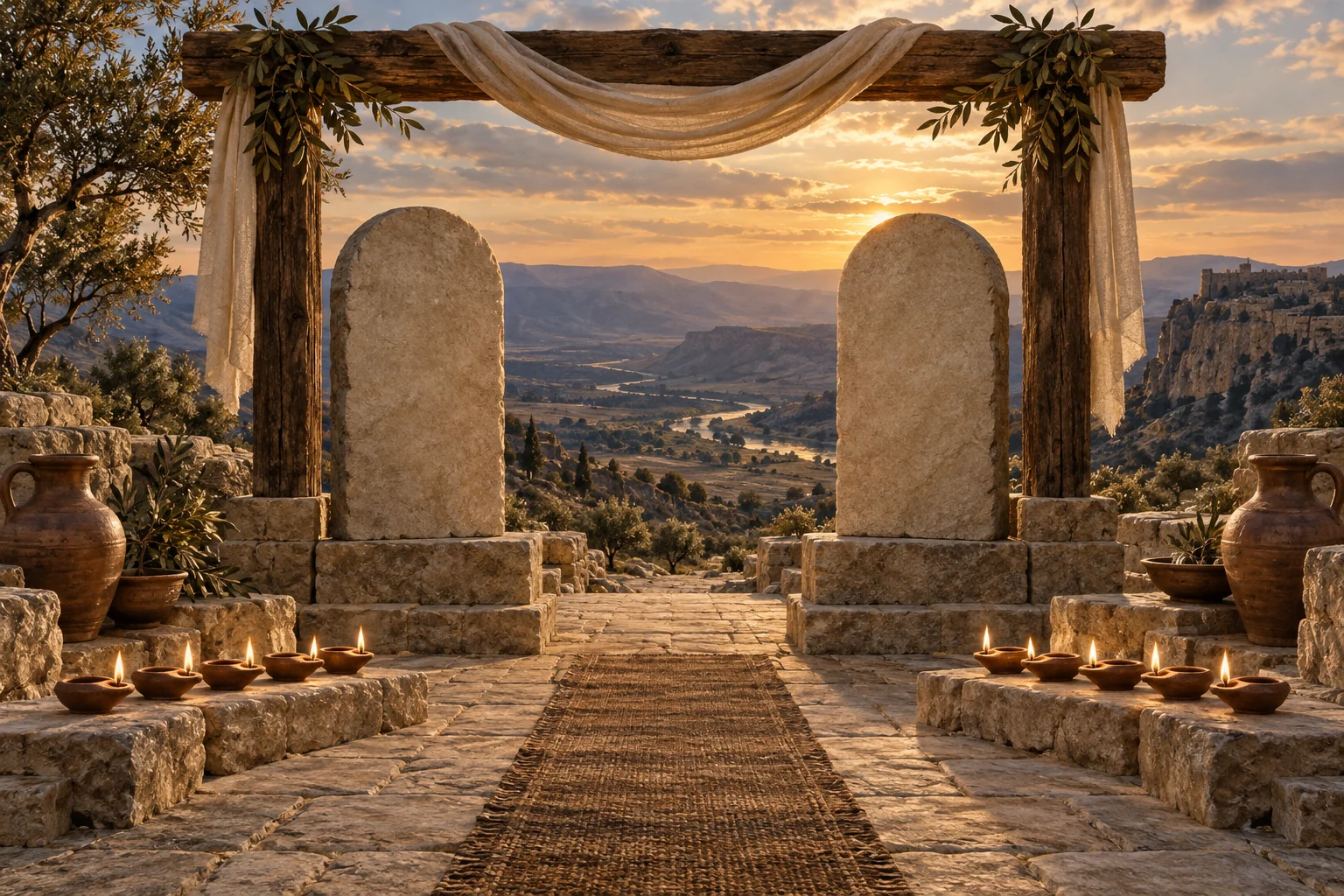 Two blank stone tablets stand beneath a timber arch while paired oil lamps frame a path into the valley.
