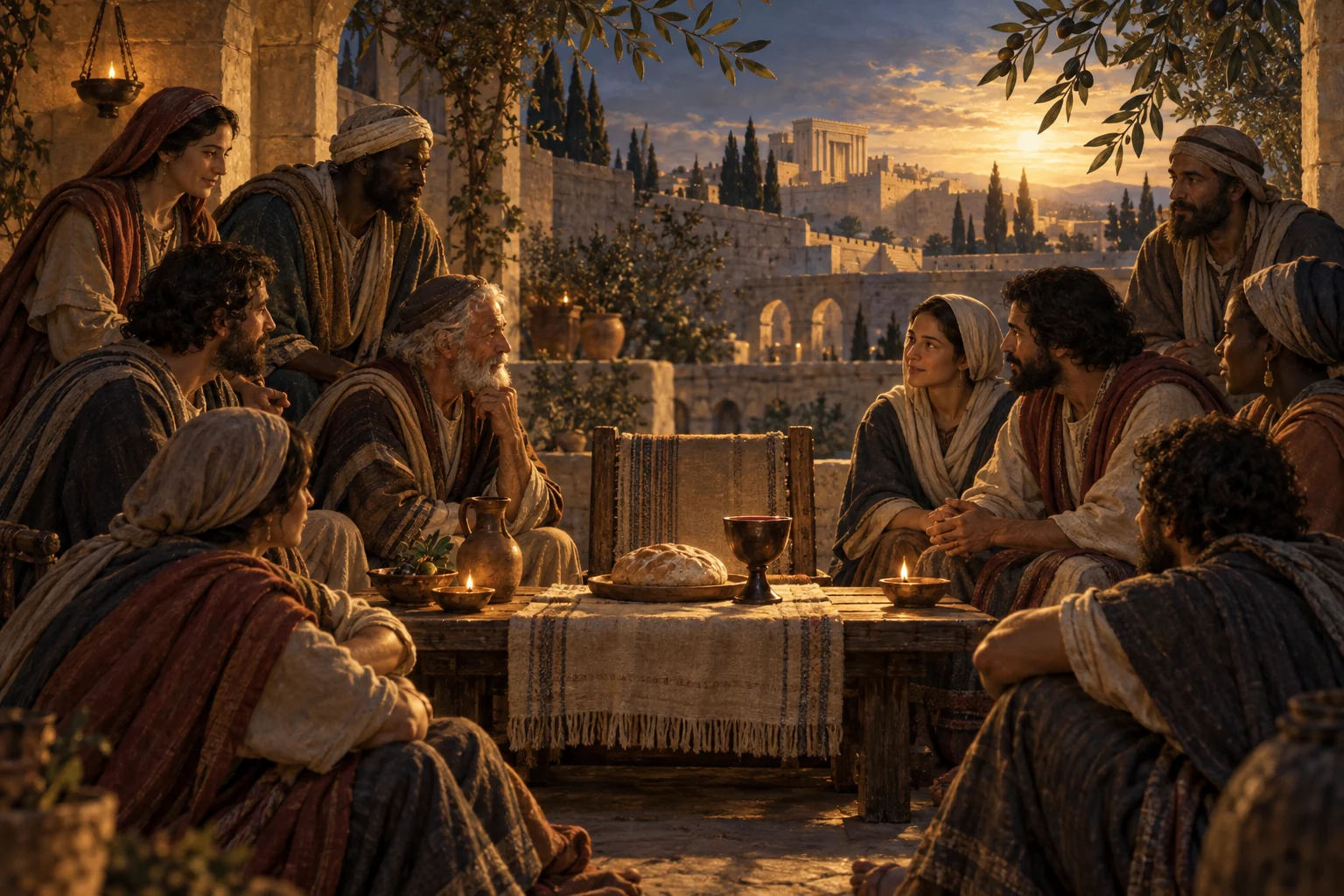First-century believers gather around bread and a cup in a lamplit Jerusalem courtyard with the Temple visible beyond.