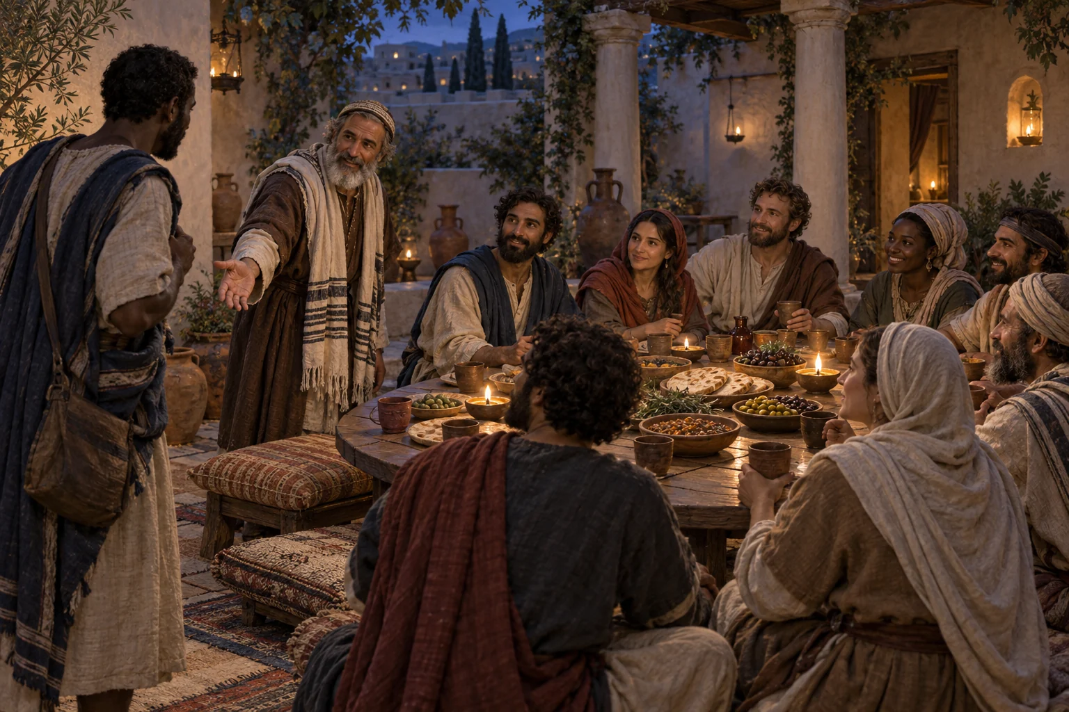 A mixed first-century community welcomes a traveler to share bread and a communal meal in a lamplit courtyard.