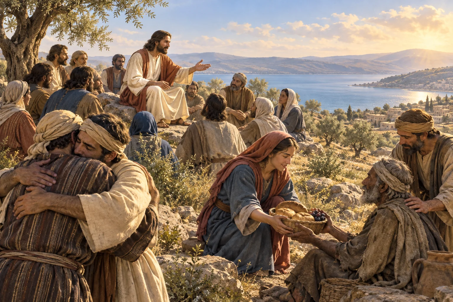 A teacher addresses listeners on a Galilean hillside as neighbors reconcile and share food with those in need.