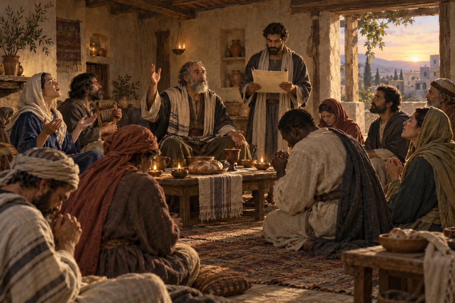 Jewish and Gentile believers pray, sing, and read around a shared table in a first-century house.