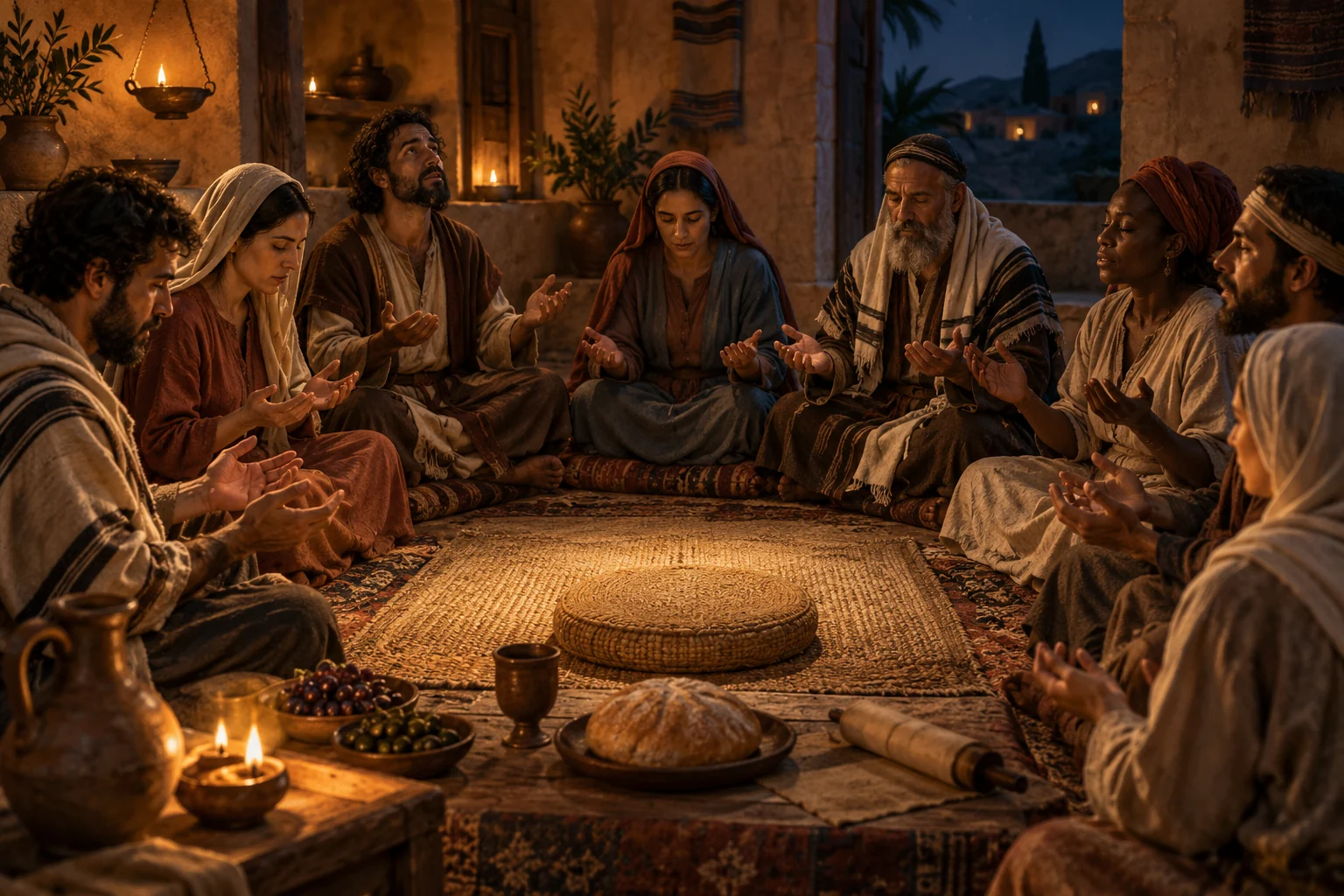 First-century believers gather in lamplight with open hands around bread, a cup, and an empty central place.