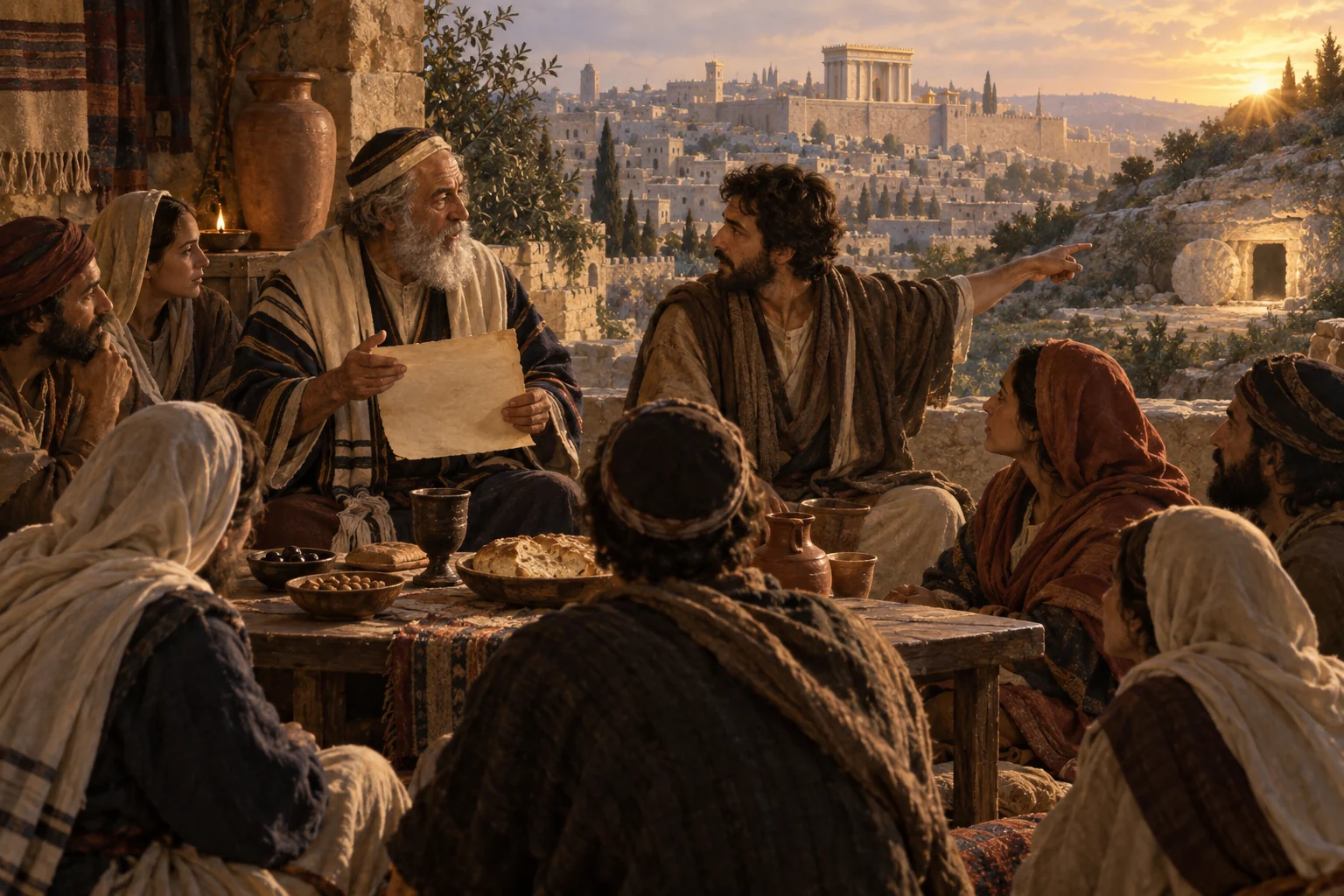 First-century Jewish believers share bread and discuss an empty tomb visible outside Jerusalem at dawn.