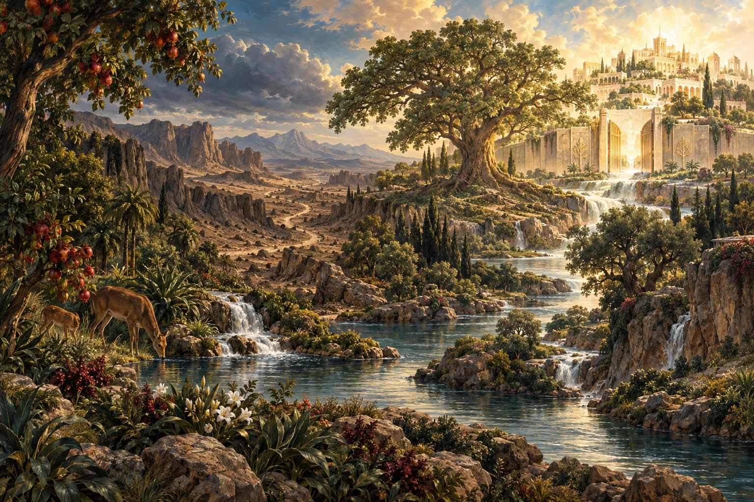 A river flows from a garden through wilderness toward a radiant walled city beside a great living tree.