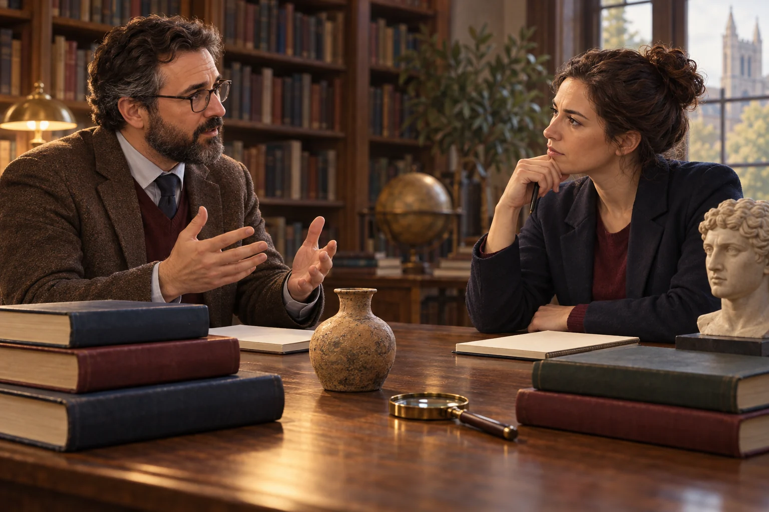 Two scholars discuss evidence across a library table holding blank books, an ancient jar, and a magnifying glass.