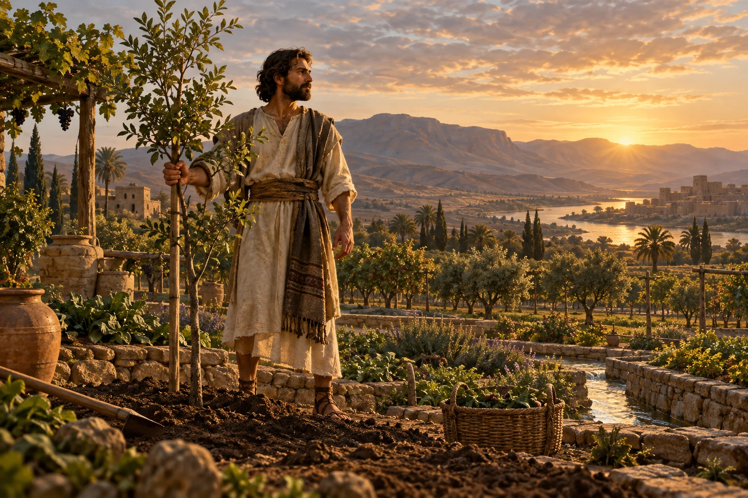 An ancient man tends a young tree in a cultivated garden at dawn, embodying humanity's earth-born life and sacred vocation.