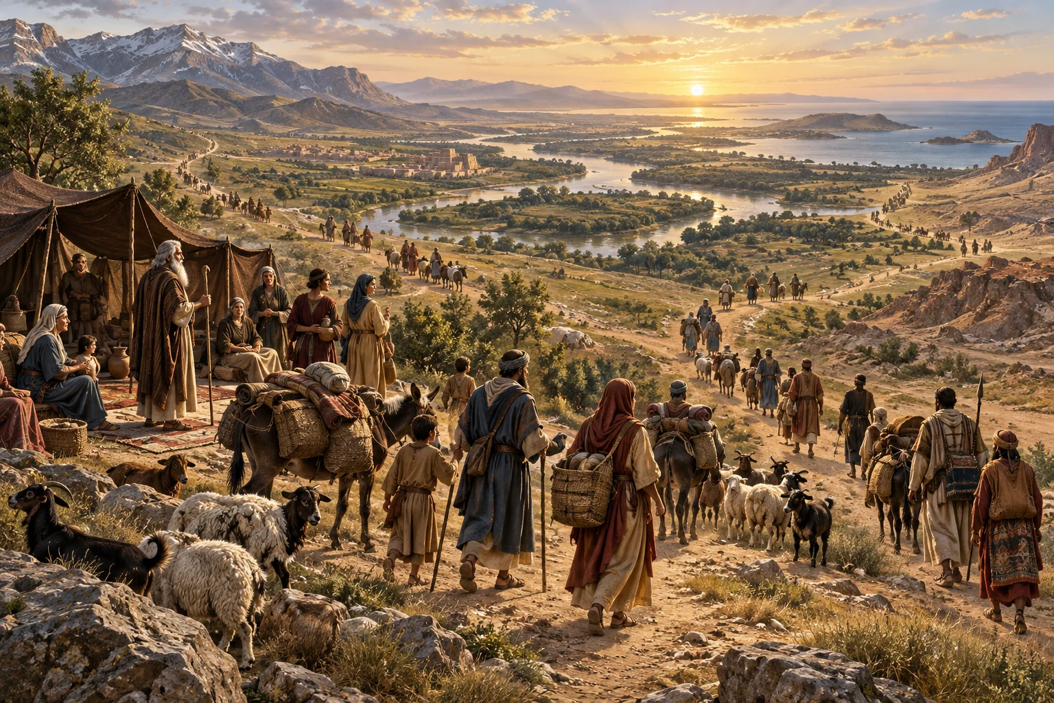 Extended families with tents, livestock, and pack animals depart along branching routes across an ancient landscape.