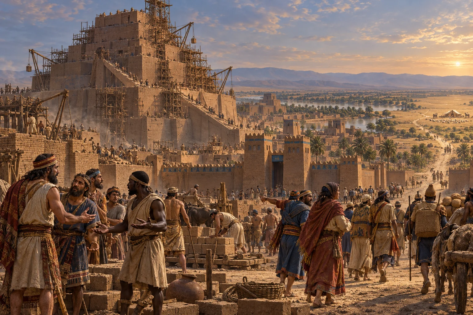Ancient builders separate beneath an unfinished Mesopotamian tower as roads lead away from the city.