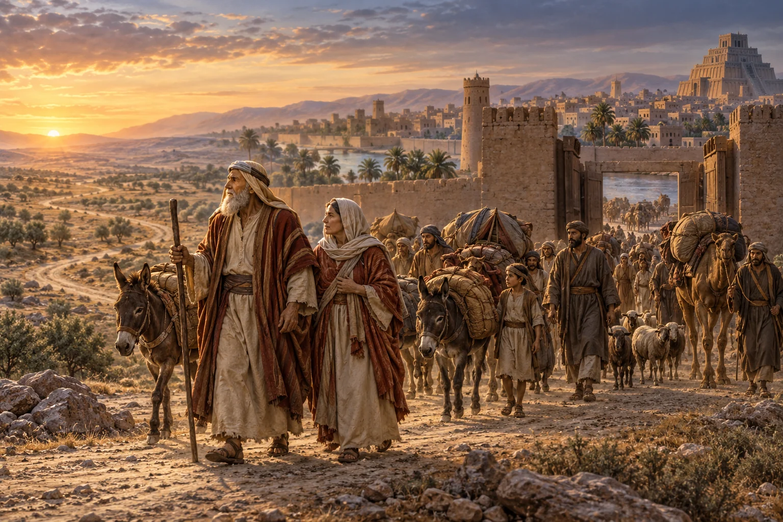 An elderly couple leads a caravan from a mud-brick river city toward open country at dawn.