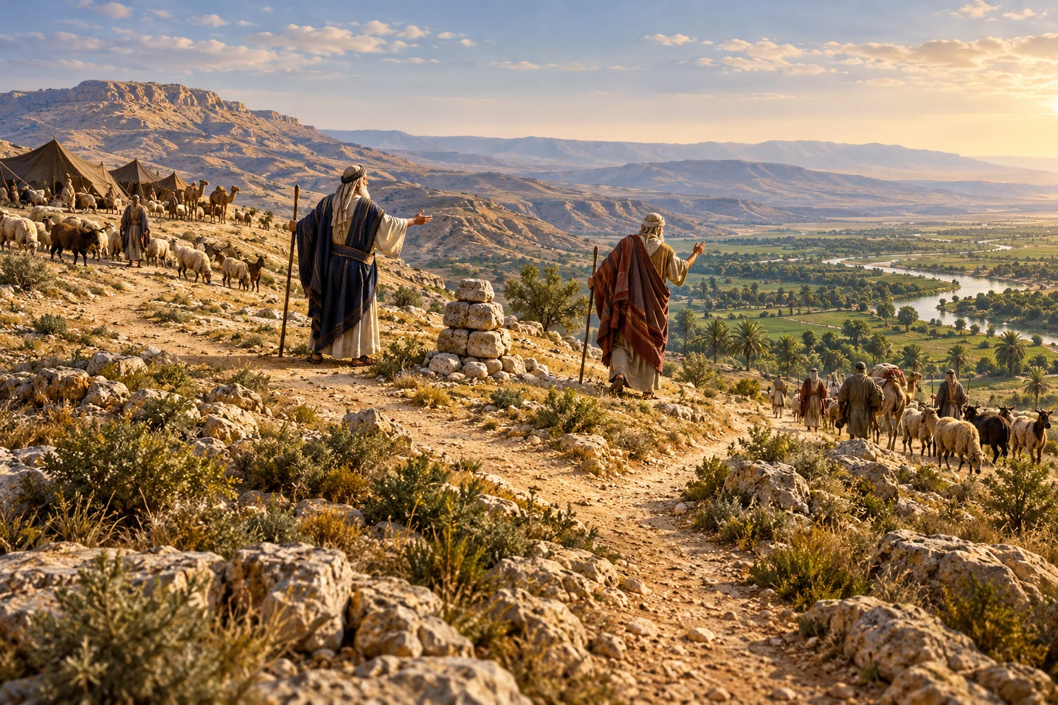 Two clan leaders part peacefully on a Canaanite ridge as one household descends toward the lush Jordan plain.